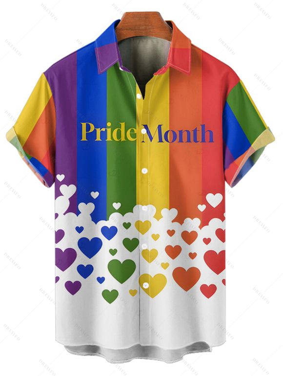 Chemise à manches courtes et boutons pour homme, motif cœur et lettres arc-en-ciel, idéale pour les vacances - multicolor 4XL