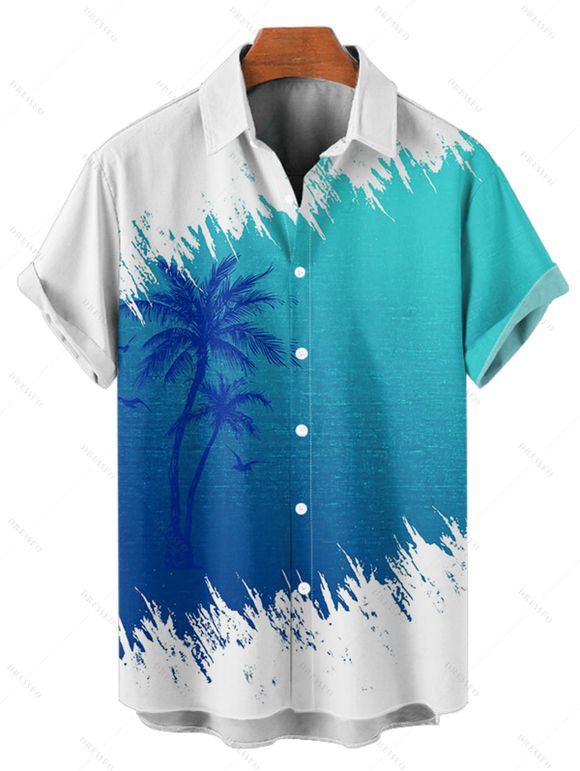 Chemise de vacances à manches courtes et boutons pour homme, décontractée, à motif cocotier, couleur contrastée - Bleu 5XL