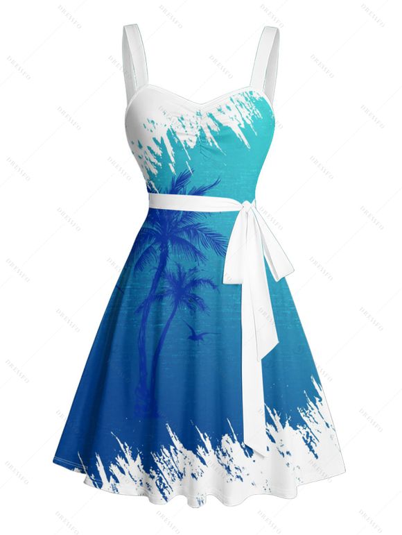 Robe de vacances à motif de cocotiers de couleur contrastée, ceinture à buste froncé, col en cœur, mini robe décontractée trapèze - Bleu XXXXXL | US 20
