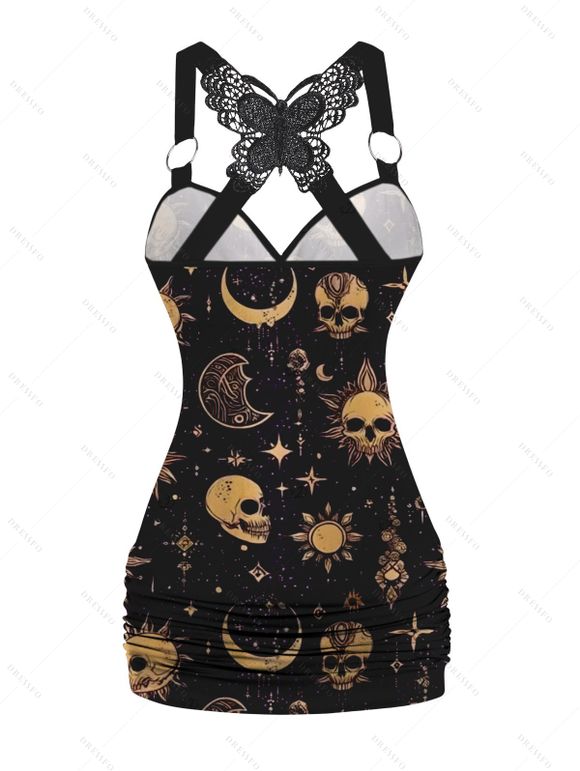 Débardeur gothique en dentelle avec motif céleste, soleil, lune, étoiles, crânes, papillons, bretelles à anneau en O, haut long - Noir XL | US 12
