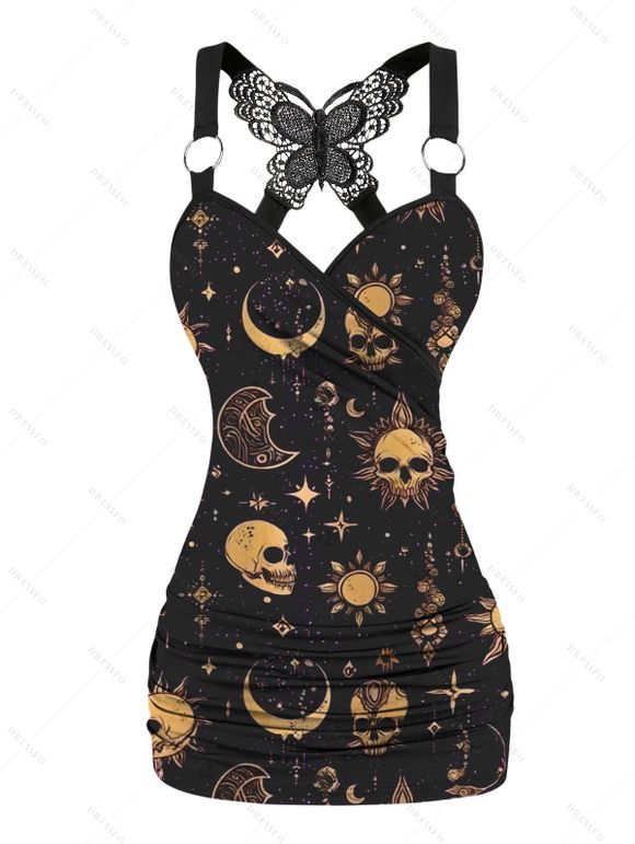 Débardeur gothique en dentelle avec motif céleste, soleil, lune, étoiles, crânes, papillons, bretelles à anneau en O, haut long - Noir XL | US 12