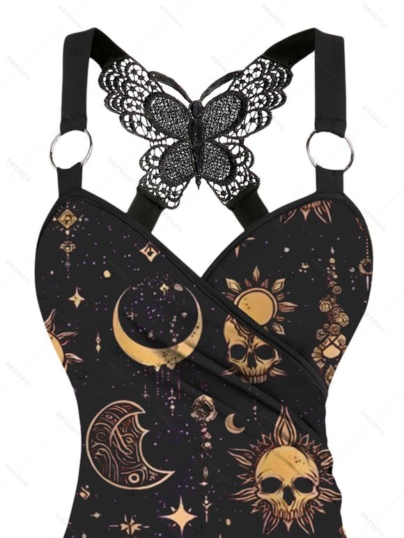 Débardeur gothique en dentelle avec motif céleste, soleil, lune, étoiles, crânes, papillons, bretelles à anneau en O, haut long - Noir XL | US 12