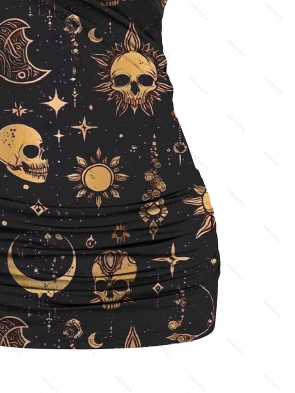 Débardeur gothique en dentelle avec motif céleste, soleil, lune, étoiles, crânes, papillons, bretelles à anneau en O, haut long - Noir XL | US 12