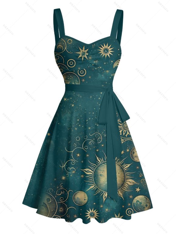 Robe vintage à motif céleste soleil, étoile et lune, buste froncé, ceinture, décolleté en cœur, coupe trapèze, mini robe de vacances - Vert profond XXXXXL | US 20
