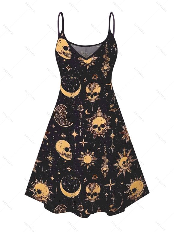 Robe gothique à bretelles spaghetti, col en V, motif soleil, lune, étoiles et crânes, coupe trapèze, mini-robe de vacances - Noir XXXXXL | US 20