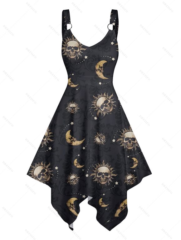 Robe gothique à motif céleste, soleil, lune, étoiles, crânes, bretelles en O, ourlet asymétrique, taille haute, col en V, robe de vacances mi-longue - Noir XXXXXL | US 20