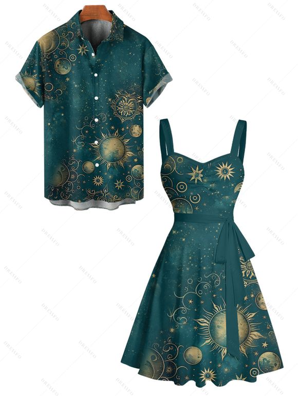 Galaxy Sun Star Print Women's Waist Knots Tie Bow Shoulder Strap Dress and Men's Button Down Shirt - Vert profond S | US 4
