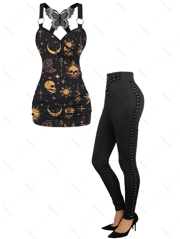 Gothic Women Outfit Celestial Sun Moon Star Skulls Pattern Butterfly Lace Surplice Tank Top and Buckle Grommet Waist Long Pants Holiday Set - Noir S | US 4