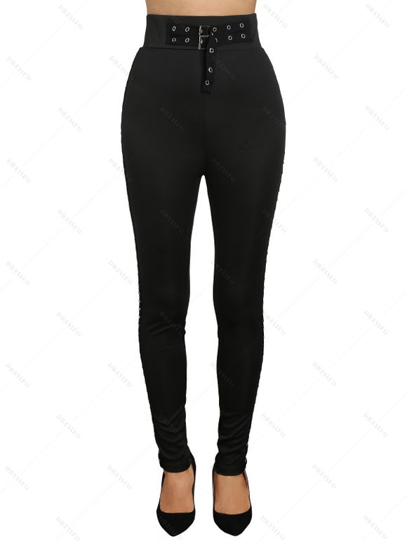 Gothic Women Outfit Celestial Sun Moon Star Skulls Pattern Butterfly Lace Surplice Tank Top and Buckle Grommet Waist Long Pants Holiday Set - Noir S | US 4