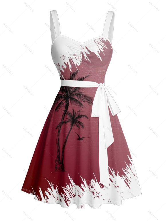 Robe de vacances à motif de cocotiers de couleur contrastée, ceinture à buste froncé, col en cœur, mini robe décontractée trapèze - Rouge foncé XXXXXL | US 20