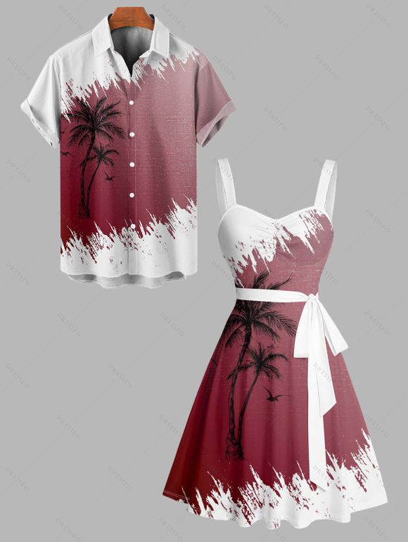 Vacation Couple Outfit Contrast Color Coconut Tree Pattern Ruched Bust Belt Dress and Button Up Shirt Casual Matching Outfit - Rouge S | US 4