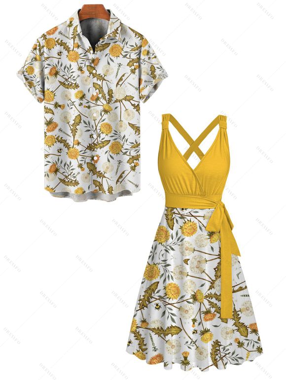 Vacation Couple Outfit Dandelion Leaf Print Colorblock Crossover Belt Plunging Neck High Waisted A Line Midi Dress and Button Up Shirt Casual Matching Outfit - Jaune S | US 4