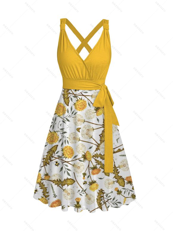Robe de vacances mi-longue décontractée à imprimé feuilles de pissenlit et ceinture croisée, col plongeant, taille haute, coupe trapèze - Jaune XXL | US 14