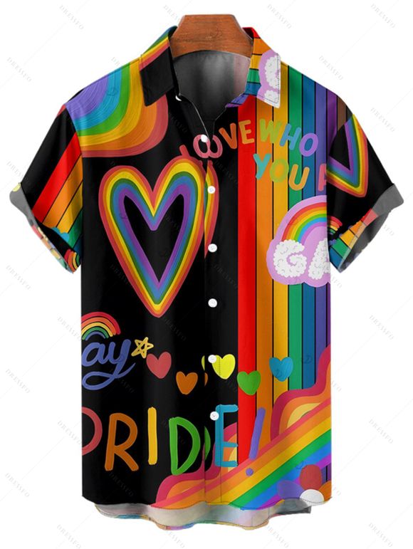 Chemise à manches courtes et boutons pour homme, motif cœur et lettres arc-en-ciel, idéale pour les vacances - Noir 5XL
