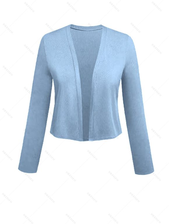 Haut court texturé à manches longues et devant ouvert de couleur unie, haut décontracté de couleur unie - Bleu clair XXL | US 14