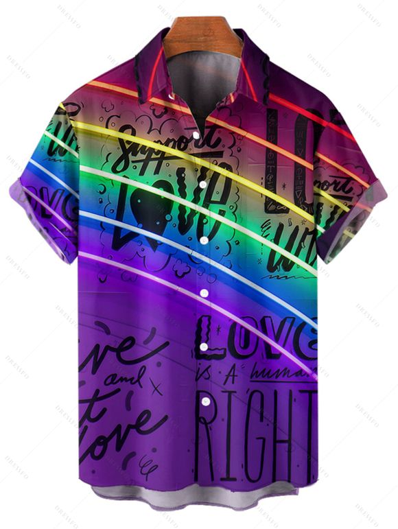 Chemise de vacances à manches courtes et boutons pour homme, motif lettres arc-en-ciel, retroussée et à motif - Concorde 5XL
