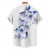Chemise de vacances à motif floral et feuilles de lys pour homme, chemise décontractée à manches courtes et boutonnée et retroussable - Bleu profond 5XL