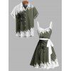 Vacation Couple Outfit Contrast Color Coconut Tree Pattern Ruched Bust Belt Dress and Button Up Shirt Casual Matching Outfit - Vert profond S | US 4