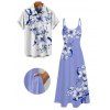 Vacation Couple Outfit Lily Floral Leaf Pattern Pocket Spaghetti Strap A Line Long Tank Dress and Button Up Shirt Casual Matching Outfit - PURPLE S | US 4