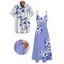 Vacation Couple Outfit Lily Floral Leaf Pattern Pocket Spaghetti Strap A Line Long Tank Dress and Button Up Shirt Casual Matching Outfit - Bleu profond S | US 4