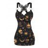 Débardeur gothique en dentelle avec motif céleste, soleil, lune, étoiles, crânes, papillons, bretelles à anneau en O, haut long - Noir XXL | US 14