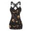 Débardeur gothique en dentelle avec motif céleste, soleil, lune, étoiles, crânes, papillons, bretelles à anneau en O, haut long - Noir XXL | US 14