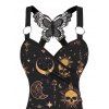 Débardeur gothique en dentelle avec motif céleste, soleil, lune, étoiles, crânes, papillons, bretelles à anneau en O, haut long - Noir XXL | US 14