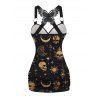 Débardeur gothique en dentelle avec motif céleste, soleil, lune, étoiles, crânes, papillons, bretelles à anneau en O, haut long - Noir XXL | US 14