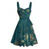 Robe vintage à motif céleste soleil, étoile et lune, buste froncé, ceinture, décolleté en cœur, coupe trapèze, mini robe de vacances - Vert profond XXXXXL | US 20