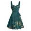 Robe vintage à motif céleste soleil, étoile et lune, buste froncé, ceinture, décolleté en cœur, coupe trapèze, mini robe de vacances - Vert profond XXXXXL | US 20