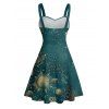 Robe vintage à motif céleste soleil, étoile et lune, buste froncé, ceinture, décolleté en cœur, coupe trapèze, mini robe de vacances - Vert profond XXXXXL | US 20