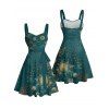 Robe vintage à motif céleste soleil, étoile et lune, buste froncé, ceinture, décolleté en cœur, coupe trapèze, mini robe de vacances - Vert profond XXXXXL | US 20