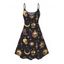 Robe gothique à bretelles spaghetti, col en V, motif soleil, lune, étoiles et crânes, coupe trapèze, mini-robe de vacances - Noir XXXXXL | US 20