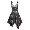 Robe gothique à motif céleste, soleil, lune, étoiles, crânes, bretelles en O, ourlet asymétrique, taille haute, col en V, robe de vacances mi-longue - Noir XXXXXL | US 20