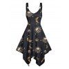 Robe gothique à motif céleste, soleil, lune, étoiles, crânes, bretelles en O, ourlet asymétrique, taille haute, col en V, robe de vacances mi-longue - Noir XXXXXL | US 20