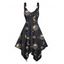 Robe gothique à motif céleste, soleil, lune, étoiles, crânes, bretelles en O, ourlet asymétrique, taille haute, col en V, robe de vacances mi-longue - Noir XXXXXL | US 20