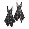 Robe gothique à motif céleste, soleil, lune, étoiles, crânes, bretelles en O, ourlet asymétrique, taille haute, col en V, robe de vacances mi-longue - Noir XXXXXL | US 20