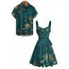 Galaxy Sun Star Print Women's Waist Knots Tie Bow Shoulder Strap Dress and Men's Button Down Shirt - Vert profond S | US 4