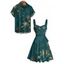 Galaxy Sun Star Print Women's Waist Knots Tie Bow Shoulder Strap Dress and Men's Button Down Shirt - Vert profond S | US 4