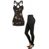 Gothic Women Outfit Celestial Sun Moon Star Skulls Pattern Butterfly Lace Surplice Tank Top and Buckle Grommet Waist Long Pants Holiday Set - Noir S | US 4