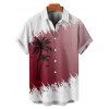 Vacation Couple Outfit Contrast Color Coconut Tree Pattern Ruched Bust Belt Dress and Button Up Shirt Casual Matching Outfit - Rouge S | US 4