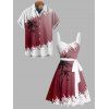 Vacation Couple Outfit Contrast Color Coconut Tree Pattern Ruched Bust Belt Dress and Button Up Shirt Casual Matching Outfit - Rouge S | US 4