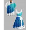 Vacation Couple Outfit Contrast Color Coconut Tree Pattern Ruched Bust Belt Dress and Button Up Shirt Casual Matching Outfit - Bleu S | US 4