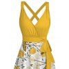 Robe de vacances mi-longue décontractée à imprimé feuilles de pissenlit et ceinture croisée, col plongeant, taille haute, coupe trapèze - Jaune XXL | US 14
