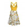 Robe de vacances mi-longue décontractée à imprimé feuilles de pissenlit et ceinture croisée, col plongeant, taille haute, coupe trapèze - Jaune XXL | US 14