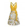 Robe de vacances mi-longue décontractée à imprimé feuilles de pissenlit et ceinture croisée, col plongeant, taille haute, coupe trapèze - Jaune XXL | US 14