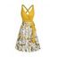 Robe de vacances mi-longue décontractée à imprimé feuilles de pissenlit et ceinture croisée, col plongeant, taille haute, coupe trapèze - Jaune XXL | US 14