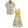 Vacation Couple Outfit Dandelion Leaf Print Colorblock Crossover Belt Plunging Neck High Waisted A Line Midi Dress and Button Up Shirt Casual Matching Outfit - Jaune S | US 4