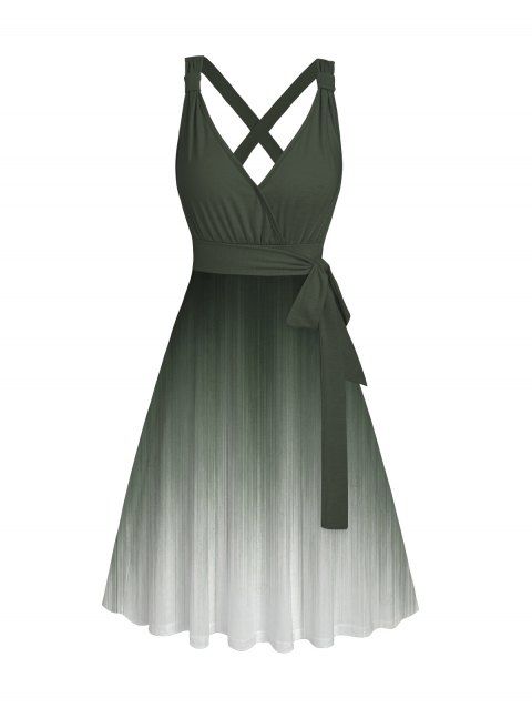 Robe de vacances décontractée mi-longue à imprimé ombré et ceinture croisée, décolleté plongeant, taille haute, coupe trapèze