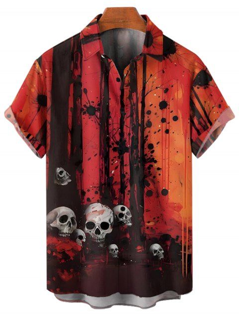 Chemise gothique à manches courtes et boutons pour homme, motif tête de mort et branches d'arbres, style Halloween